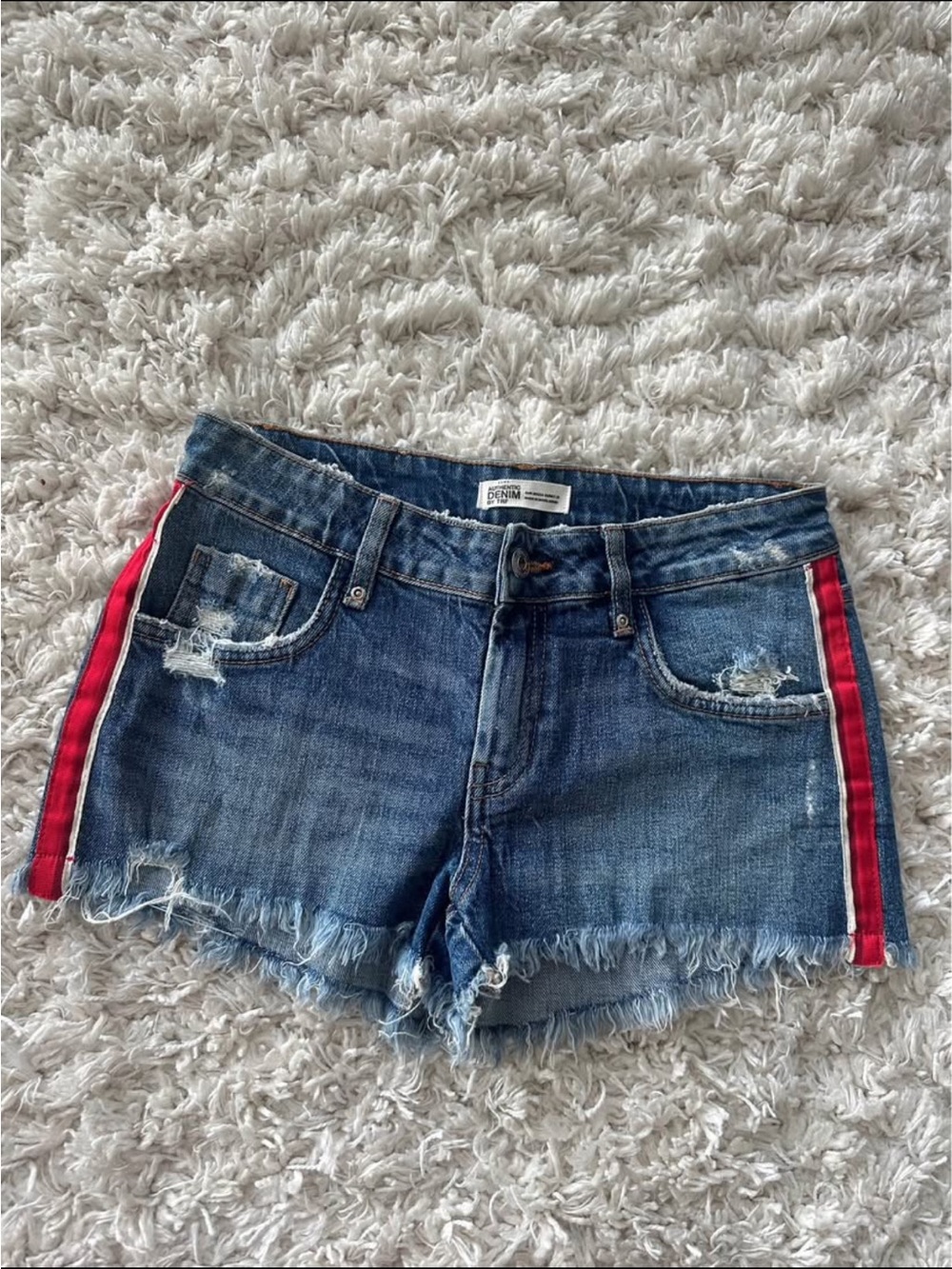 Zara Blue Denim Shorts with Red Side Stripe